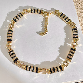 Женские ожерелья из прямоугольной цепи с зебровым принтом, хрустальными стразами и эмалью, золотые