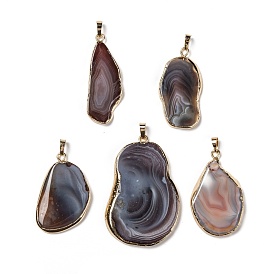 Natural Botswana Agate Slices Pendants, Edge Plated, with Brass Findings, Nuggets, Golden