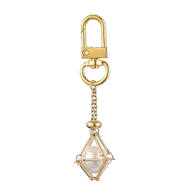 Brass Macrame Chain Pouch Round Shell Pearl Holder Pendant Decorations, Alloy Swivel Clasps for Phones Keys Bags Ornament