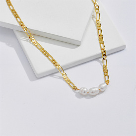 Triple Freshwater Pearl Choker Necklace with Cuban Satellite and Figaro Chains for Women