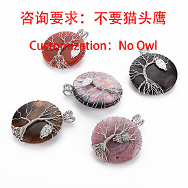 Agate naturelle gros pendentifs, avec fil de cuivre ton platine enroulé, teint, charme plat rond
