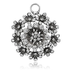 Flower Antique Silver Plated Alloy Rhinestone Big Pendants, 59x49x10mm, Hole: 6mm