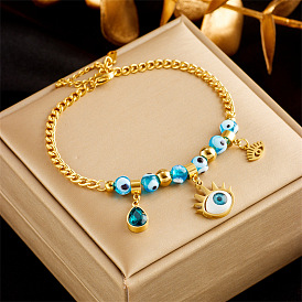 Blue Eye Beaded Pendant Drop Titanium Steel Chain Bracelet for Women