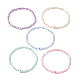 5Pcs 5 Colors Heart Acrylic & Glass Seed Beaded Stretch Bracelet Sets, Stackable Bracelets for Women