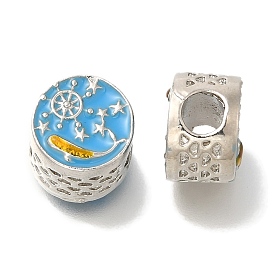 Rack Plating Alloy Enamel European Beads, Lead Free & Cadmium Free, Large Hole Beads, Flat Round with Whale & Helm