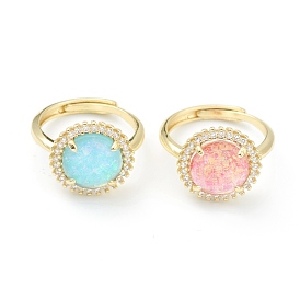Synthetic Opal Adjustable Rings, with Brass Micro Pave Cubic Zirconia Findings, Oval, Real 18K Gold Plated
