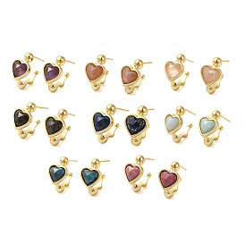 Gemstone Heart Stud Earrings, with Ion Plating(IP) Golden Plated Brass Findings, 925 Sterling Silver Pin