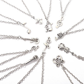 Musical Theme Alloy Pendant Necklace for Men Women, Antique Silver