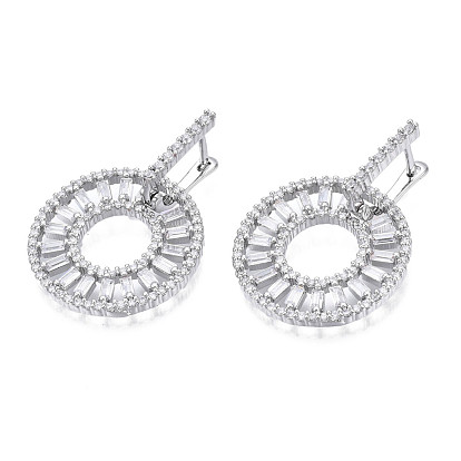 Clear Cubic Zirconia Donut Dangle Hoop Earrings, Brass Jewelry for Women, Nickel Free