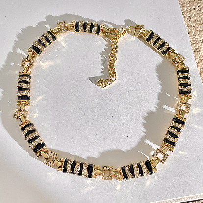 Женские ожерелья из прямоугольной цепи с зебровым принтом, хрустальными стразами и эмалью, золотые