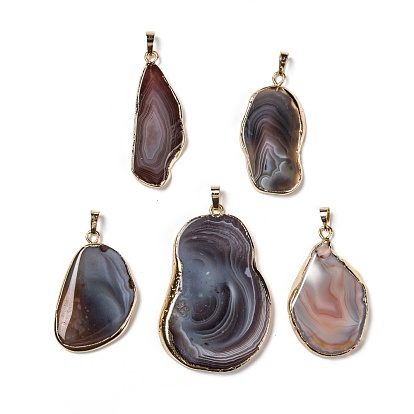 Natural Botswana Agate Slices Pendants, Edge Plated, with Brass Findings, Nuggets, Golden