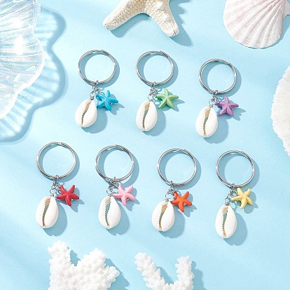 Брелки из синтетической бирюзы и натуральных ракушек каури, с 304 брелками из нержавеющей стали, в форме раковины с морской звездой, платина