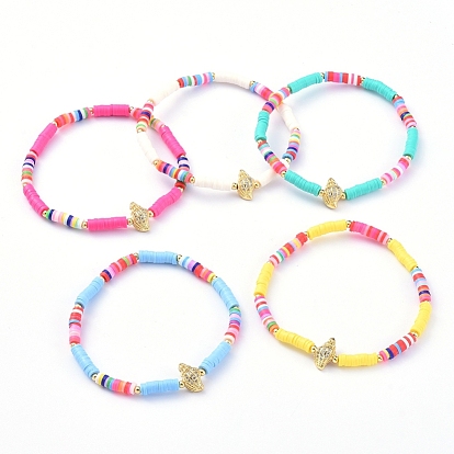Handmade Polymer Clay Heishi Bead Stretch Bracelets, with Conch Shape Brass Clear Cubic Zirconia Beads and Round Brass Beads