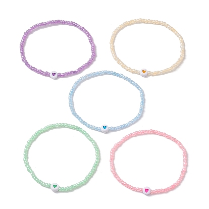 5 шт. 5 комплекты эластичных браслетов из акрила и стеклянного бисера в форме сердца, составные браслеты для женщин