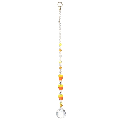 Halloween Handmade Lampwork Candy Corn Bead Suncatcher, Glass Round Charms for Window Hanging Decor