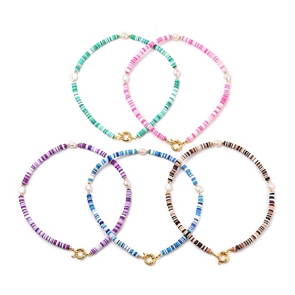 Polymer Clay Heishi Beaded Necklaces, with Natural Pearl Beads, Golden Plated Brass Beads & Spring Ring Clasps