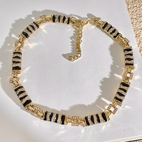 Женские ожерелья из прямоугольной цепи с зебровым принтом, хрустальными стразами и эмалью, золотые