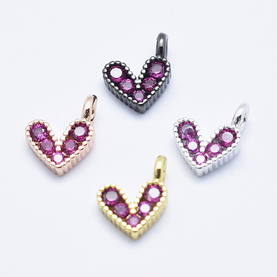 Brass Micro Pave Cubic Zirconia Charms, Long-Lasting Plated, Cadmium Free & Nickel Free & Lead Free, Heart, Hot Pinkt