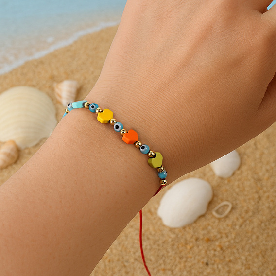 Браслеты из синтетического бирюзового сердца и стеклянного оберега от сглаза., регулируемые браслеты из плетеного шнура с бусинами