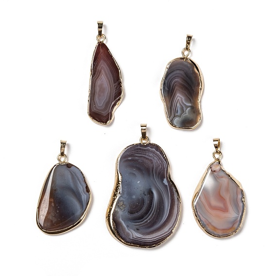 Natural Botswana Agate Slices Pendants, Edge Plated, with Brass Findings, Nuggets, Golden