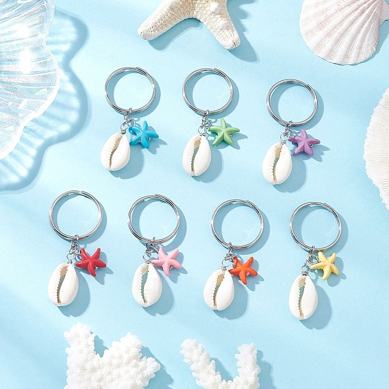 Брелки из синтетической бирюзы и натуральных ракушек каури, с 304 брелками из нержавеющей стали, в форме раковины с морской звездой, платина