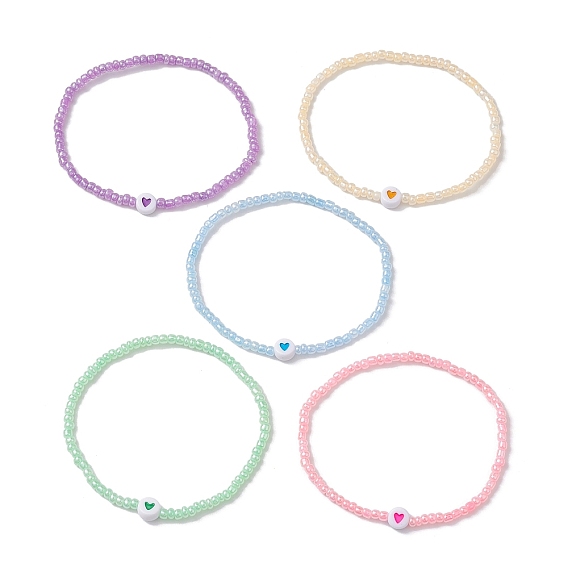 5 шт. 5 комплекты эластичных браслетов из акрила и стеклянного бисера в форме сердца, составные браслеты для женщин