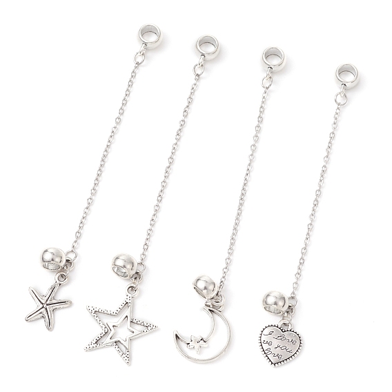 4 шт. 4 стили 304 европейские предохранительные цепи из нержавеющей стали, с подвесками из сплава в виде звезд и сердец, луны и морских звезд