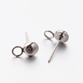 304 Stainless Steel Post Stud Earring Findings, with Loop, 8.5mm, Pin: 0.6mm, Hole: 1.5mm
