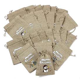 Christmas Printed Burlap Packing Pouches Drawstring Bags, Rectangle, Tan