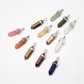 Natural & Synthetic Mixed Gemstone Double Terminated Pointed Pendants, with Platinum Tone Alloy Findings, Bullet