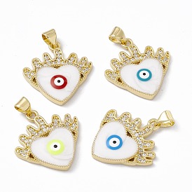 Rack Plating Brass Micro Pave Clear Cubic Zirconia Pendants, with Enamel, Long-Lasting Plated, Cadmium Free & Lead Free, Real 18K Gold Plated, Heart with Evil Eye
