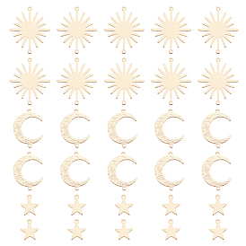 30pcs 3 breloques et connecteurs de liens en laiton de style, plaqué longue durée, étoile et soleil et lune
