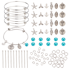 BENECREAT DIY Ocean Theme Bangle Making Kit, Include 304 Stainless Steel Pendants & Pins & Jump Rings, 201 Stainless Steel Expandable Bangle Making, Glass Pearl Beads, Stainless Steel Color