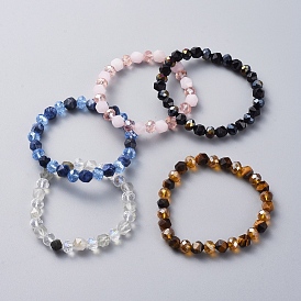Natural Gemstone Stretch Bracelets, with Electroplate Glass Beads