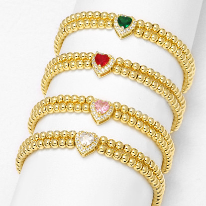 Brass Pave Cubic Zirconia Heart Round Beaded Stretch 2-Strand Bracelets for Women, Golden