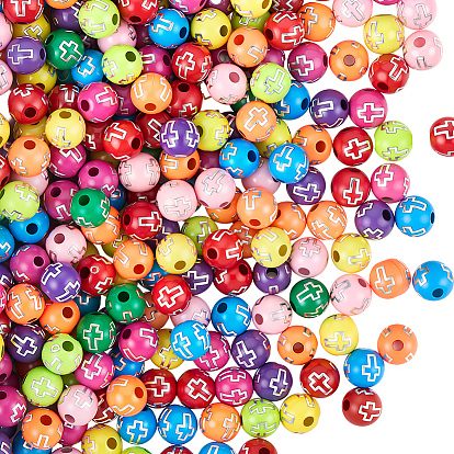 600 акриловые бусины с покрытием, серебристого металла, обвитыми, круглые с крестом