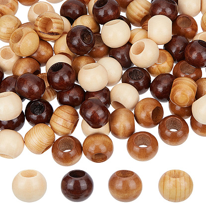80Pcs 4 Colors Wood European Beads, Large Hole Beads, Round