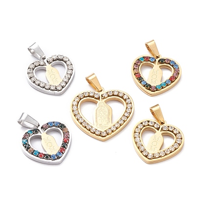 Mother's Day 304 Stainless Steel Pendants, with Rhinestone, Heart with Word Mom