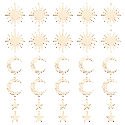 30pcs 3 breloques et connecteurs de liens en laiton de style, plaqué longue durée, étoile et soleil et lune