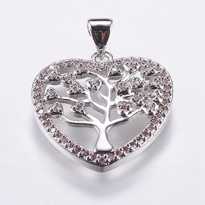 Brass Pendants, with Micro Pave Cubic Zirconia, Heart with Tree of Life