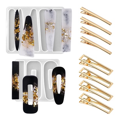 2Pcs 2 Style Geometric Shapes Silicone Hair Clip Molds, with 20Pcs Iron Alligator Hair Clip Findings, for DIY Hair Accessories Making
