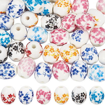 50pcs perles en porcelaine imprimées faites à la main, ovale