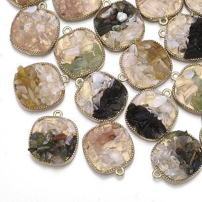 Natural Gemstone Chips Pendants, with Alloy Findings, Square, Light Gold