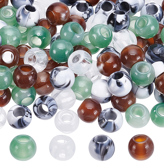120Pcs 4 Colors Acrylic European Beads, Large Hole Beads, Round
