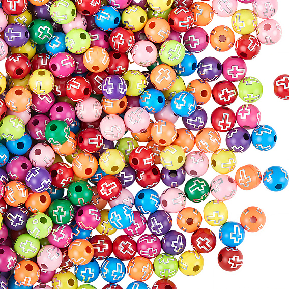 600 акриловые бусины с покрытием, серебристого металла, обвитыми, круглые с крестом