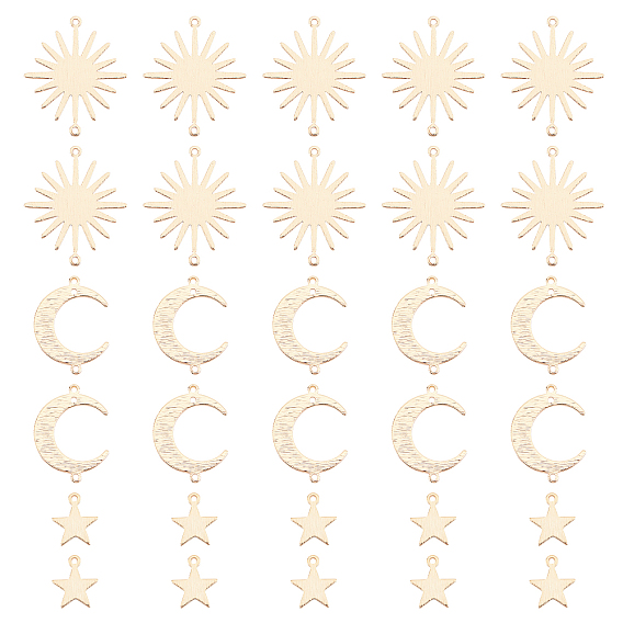 30Pcs 3 Style Brass Charms & Links Connectors, Long-Lasting Plated, Star & Sun & Moon