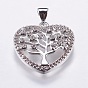 Brass Pendants, with Micro Pave Cubic Zirconia, Heart with Tree of Life