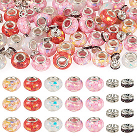50Pcs 5 Colors Transparent Resin Rondelle European Beads, with Paillette & Platinum Tone Brass Cores, Large Hole Beads, with 60Pcs 2 Colors Rondelle Brass Rhinestone Spacer Beads