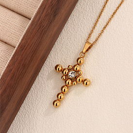 304 Stainless Steel Pave Cubic Zirconia Religion Cross Pendant Necklaces, Golden