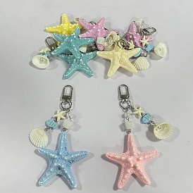 8Pcs ABS Plastic Imitation Pearl & Shell & Resin Pendant Decorations, Starfish, with Alloy Swivel Clasps